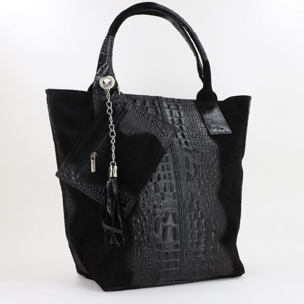 Geanta de Mana - Geanta Dama din Piele Naturala Shopper, Breloc cu Buzunar Neagra- Laura Biaggi BS0201SH2310601