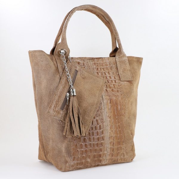 Geanta de Mana - Geanta Dama din Piele Naturala Shopper, Breloc cu Buzunar Taupe- Laura Biaggi BS0201SH2310604