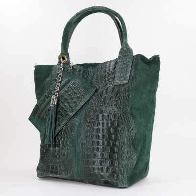 Geanta din Piele Naturala pentru femei Shopper, Breloc cu Buzunar Verde - Laura Biaggi