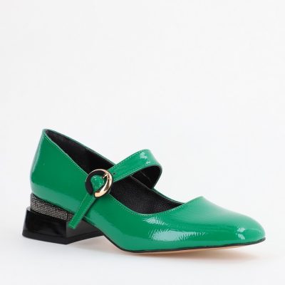 Pantofi din Piele Ecologica culoare Verde Lucios cu Toc Jos Eleganti dama Ornamente cu Pietricele