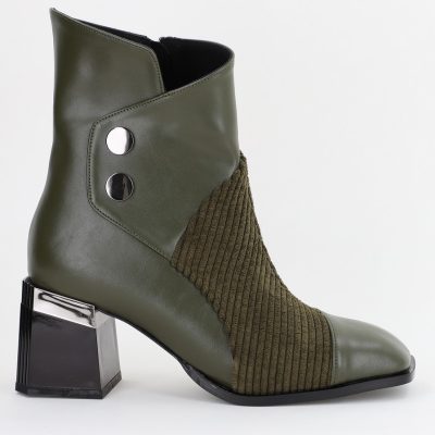 Botine elegante cu toc damă din piele ecologică închidere cu fermoar Kaki BS600BT2312018