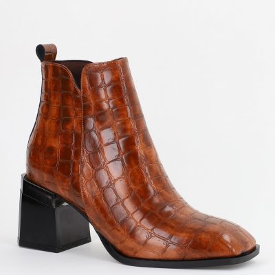 Botine elegante cu toc damă din piele ecologică texturată închidere cu fermoar Maro lucioase BS601BT2312016