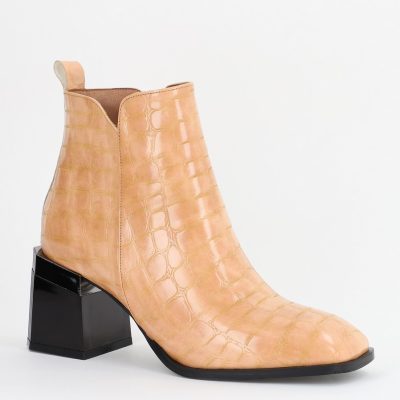 Botine elegante cu toc damă din piele ecologicătexturată închidere cu fermoar Nud lucioase BS601BT2312015