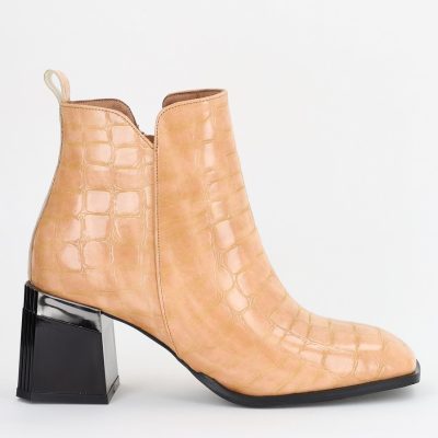 Botine elegante cu toc damă din piele ecologicătexturată închidere cu fermoar Nud lucioase BS601BT2312015