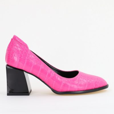 Pantofi cu Toc Gros Piele Ecologica Texturată Varf Rotund culoare Fuchsia(BS612CAY2401565)