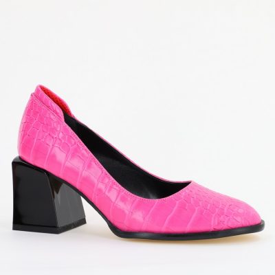 Pantofi cu Toc Gros Piele Ecologica Texturată Varf Rotund culoare Fuchsia(BS612CAY2401565)