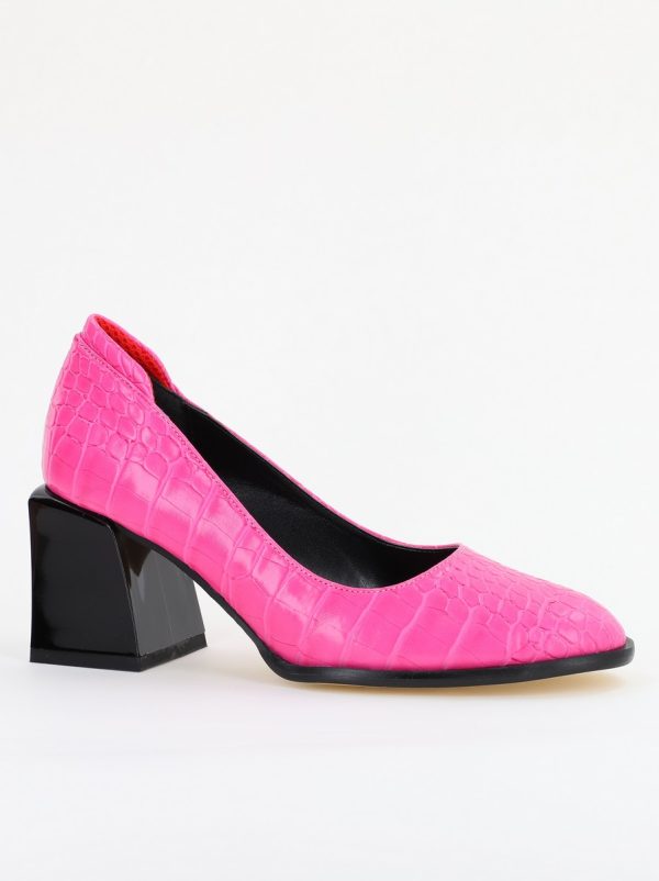 Incaltaminte Dama - Pantofi cu Toc Gros Piele Ecologica Texturată Varf Rotund culoare Fuchsia(BS612CAY2401565)