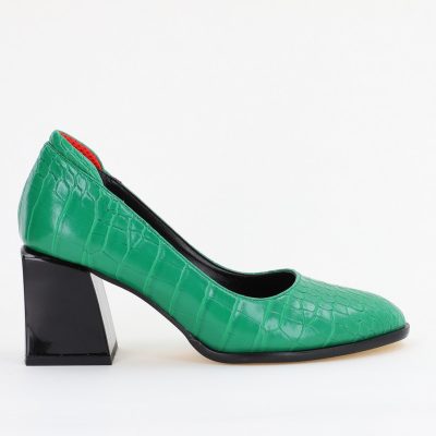 Pantofi cu Toc Gros Piele Ecologica Texturată Varf Rotund culoare Verde (BS612CAY2401561)